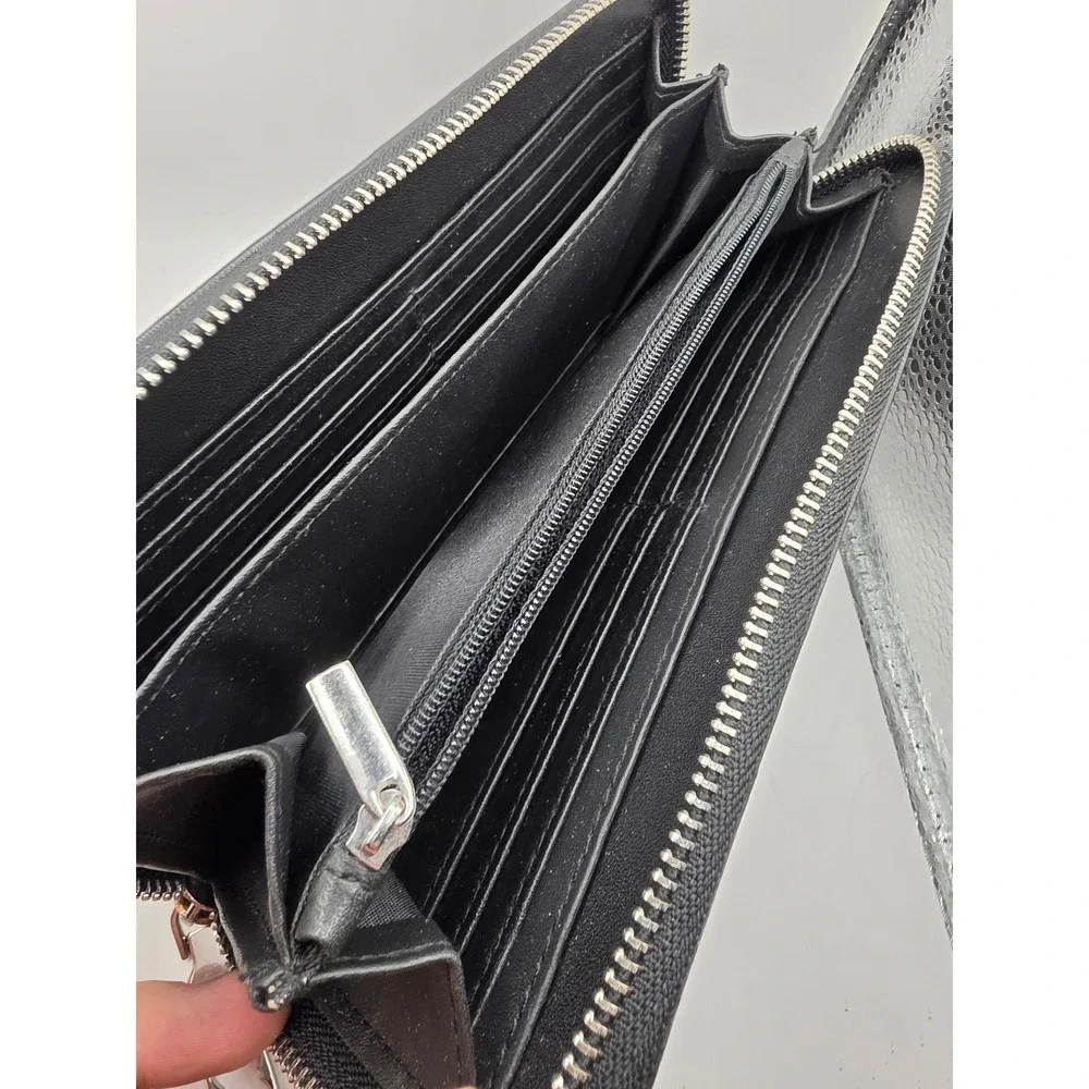 BCBGeneration Black Tonal Plaid Zip Around Wallet Silver Logo Bar Accordion